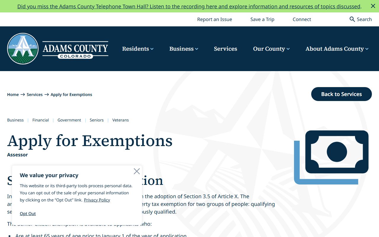 Adams County Exemptions page for Thornton property tax records