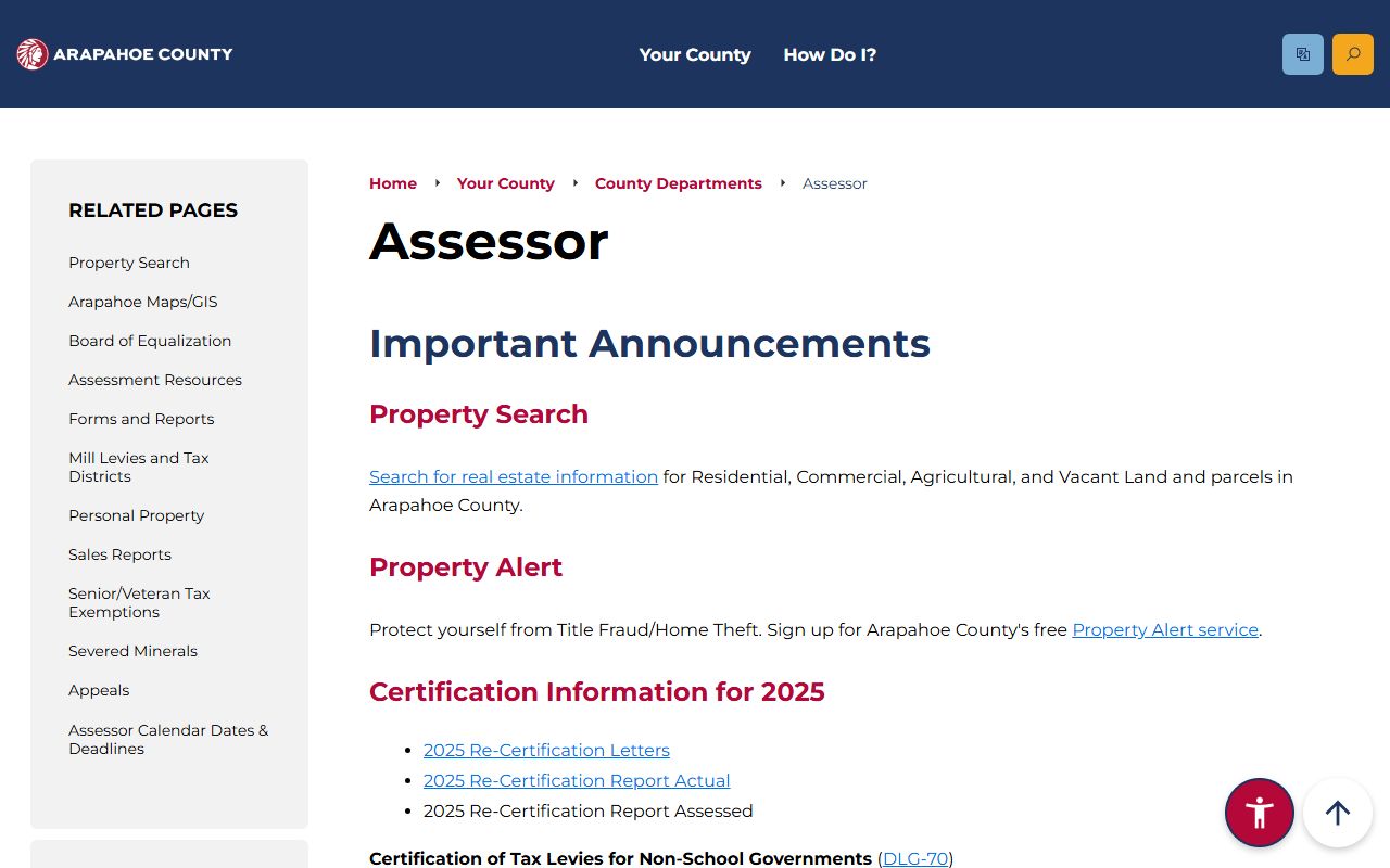 Arapahoe County Assessor homepage showing property tax resources