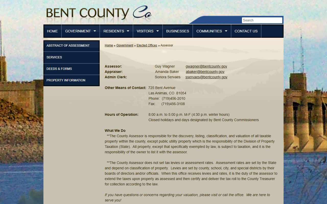Bent County Assessor webpage showing property tax resources