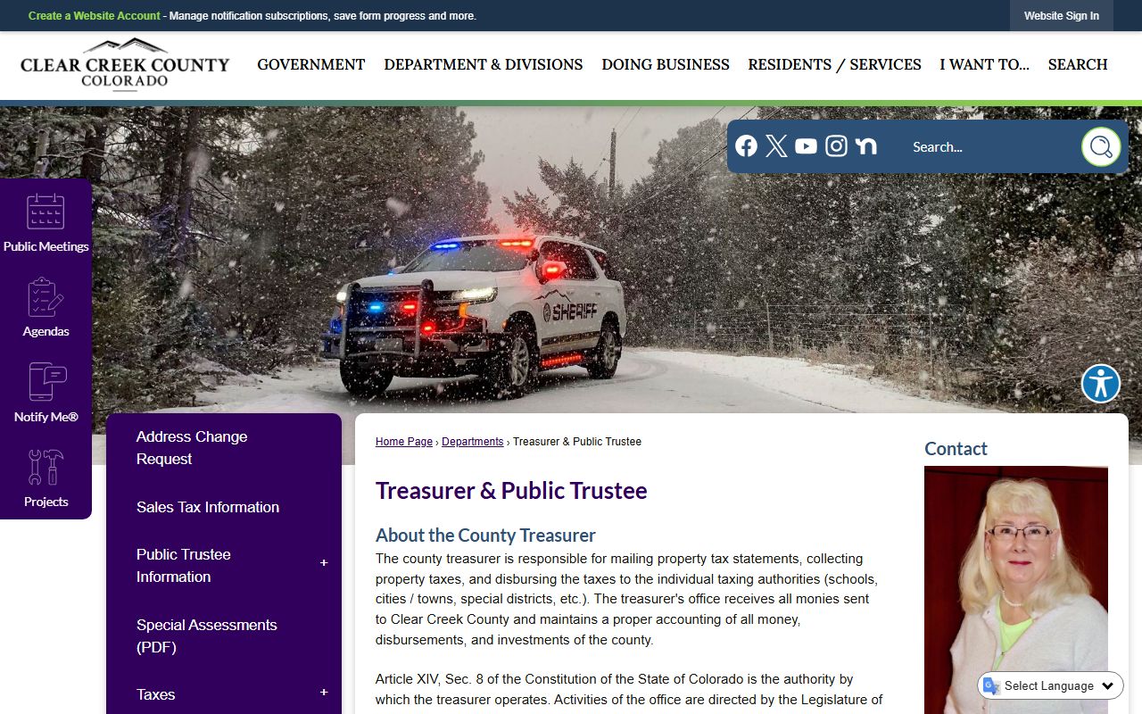 Clear Creek County Treasurer page showing tax payment options