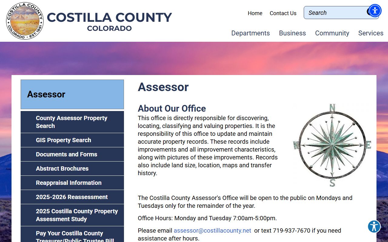 Costilla County Assessor page showing property tax information