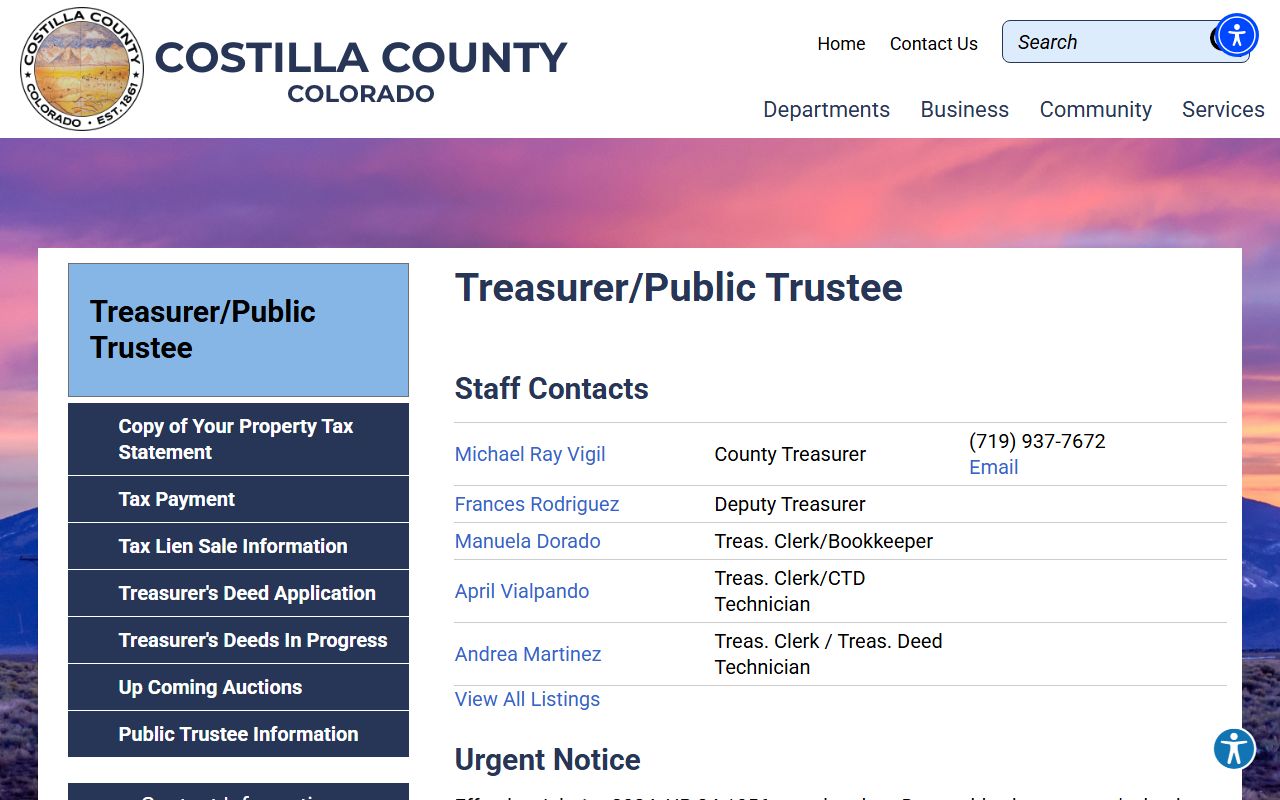 Costilla County Treasurer page showing tax payment information