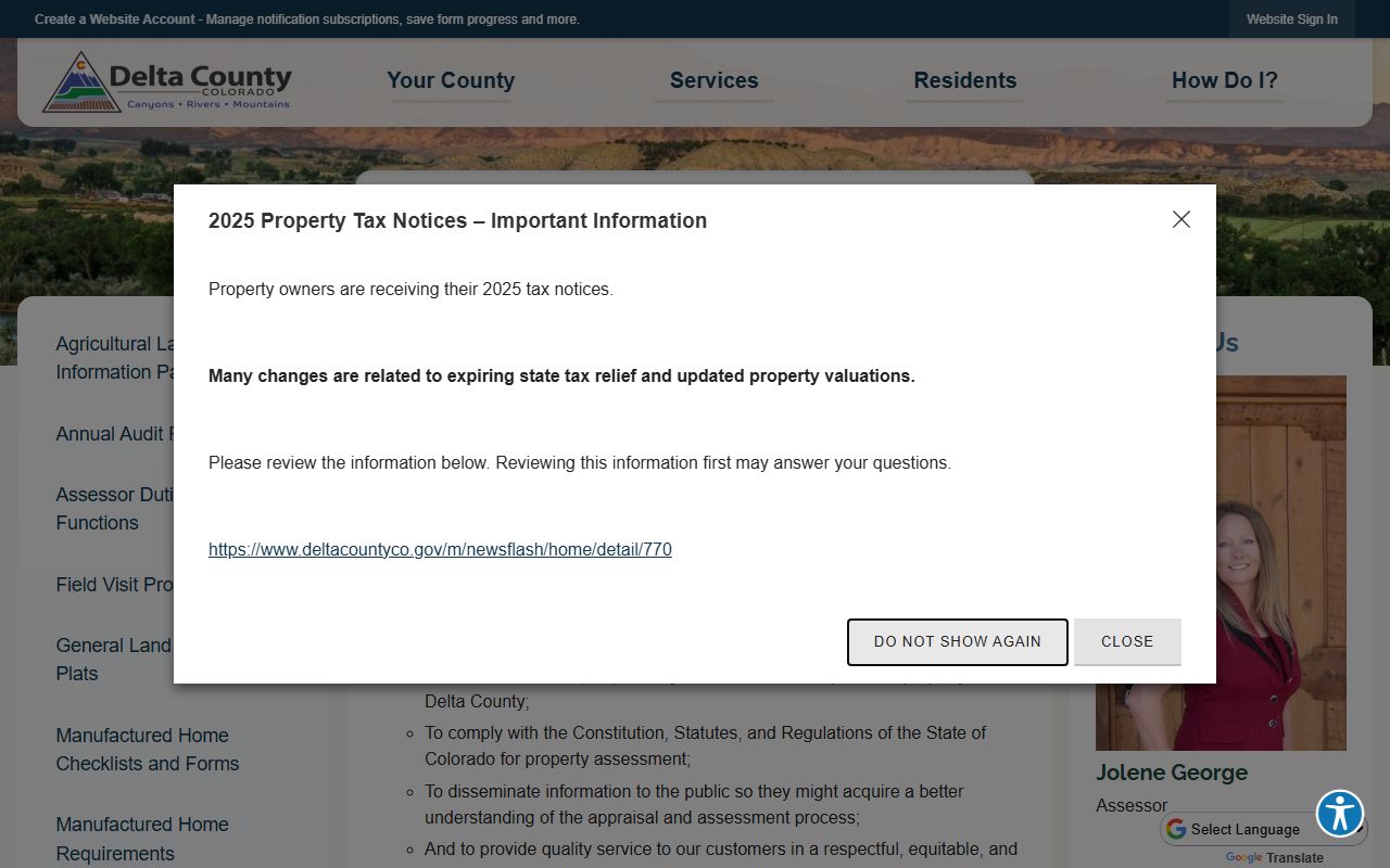 Delta County Assessor page showing property tax information