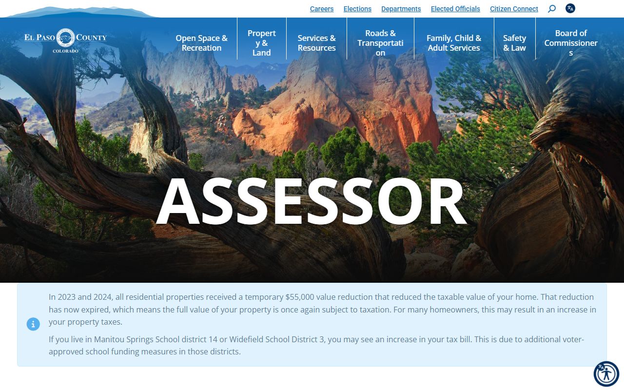 El Paso County Assessor homepage for Colorado Springs property tax records