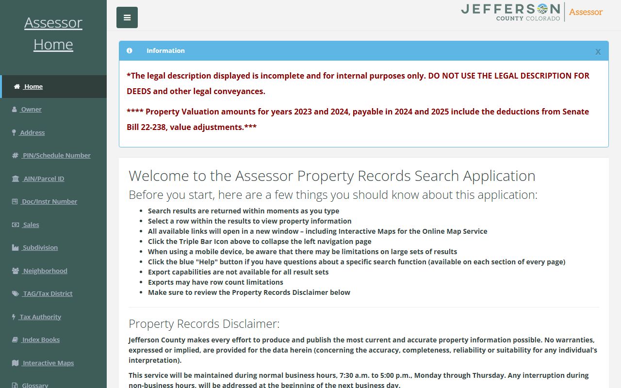 Jefferson County Property Search portal for Lakewood tax records