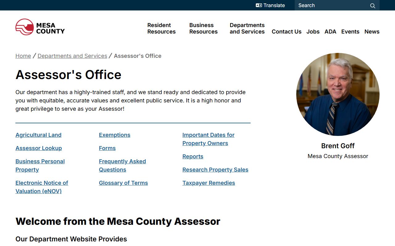 Mesa County Assessor homepage showing property tax records search