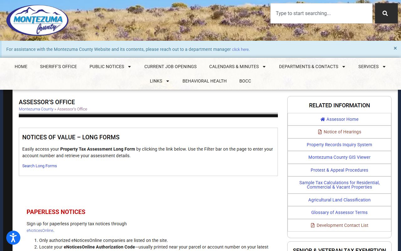 Montezuma County Assessor page showing property tax records information