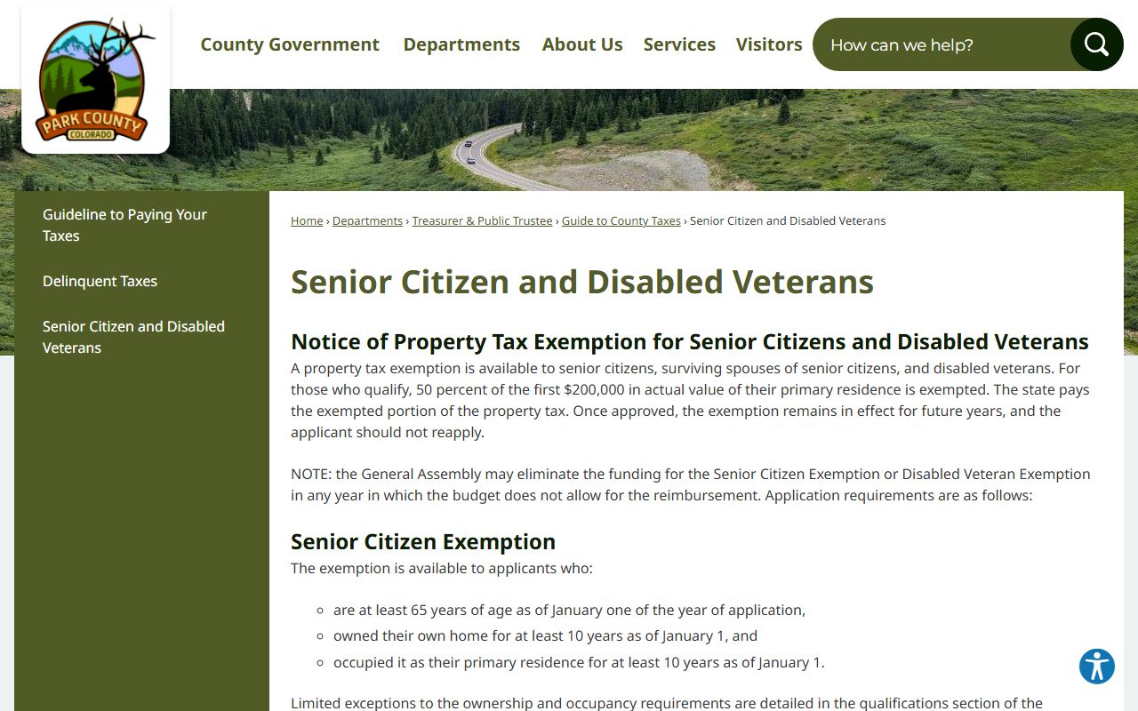 Park County property tax exemptions page for seniors and veterans