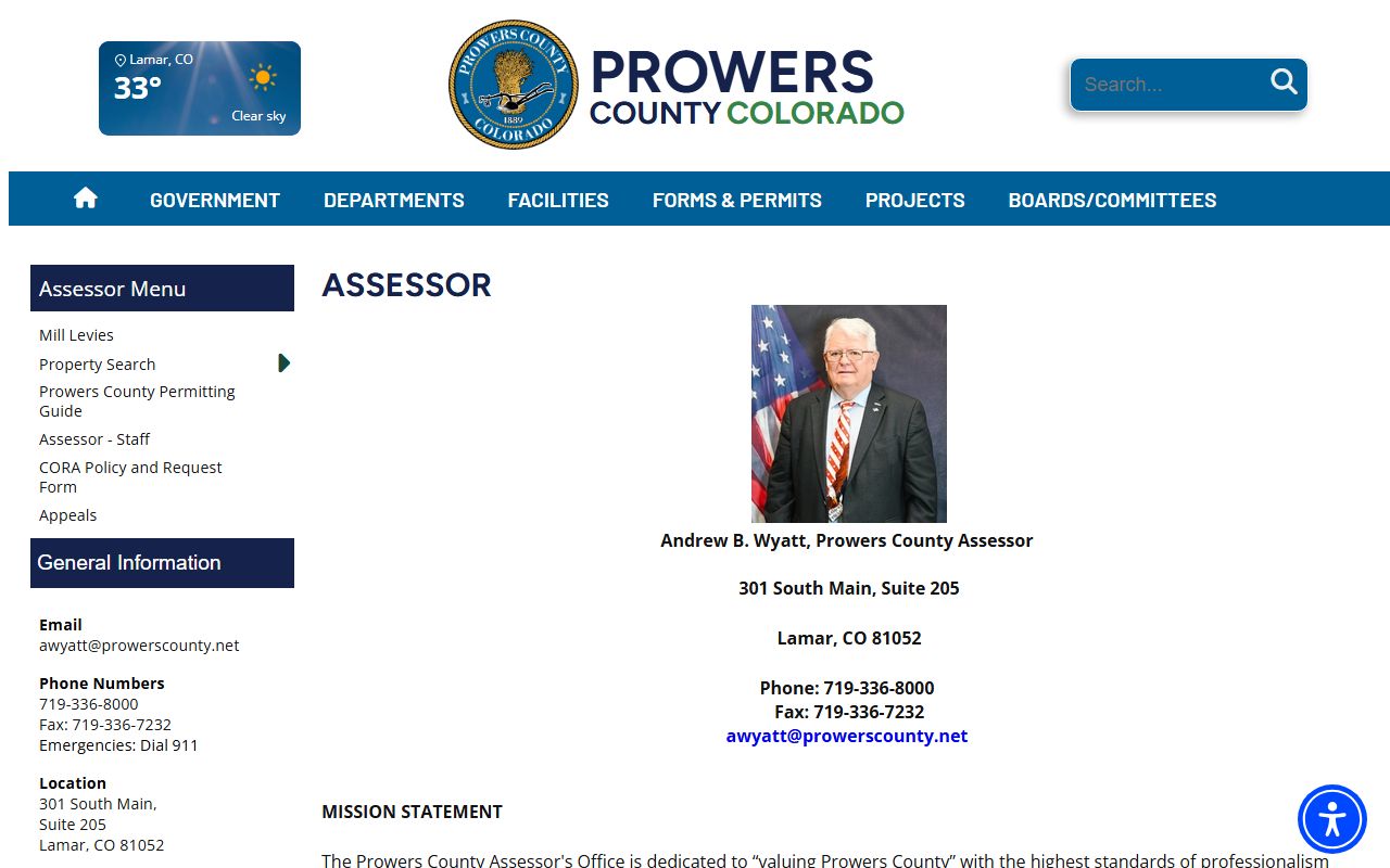 Prowers County Assessor page showing property tax records information