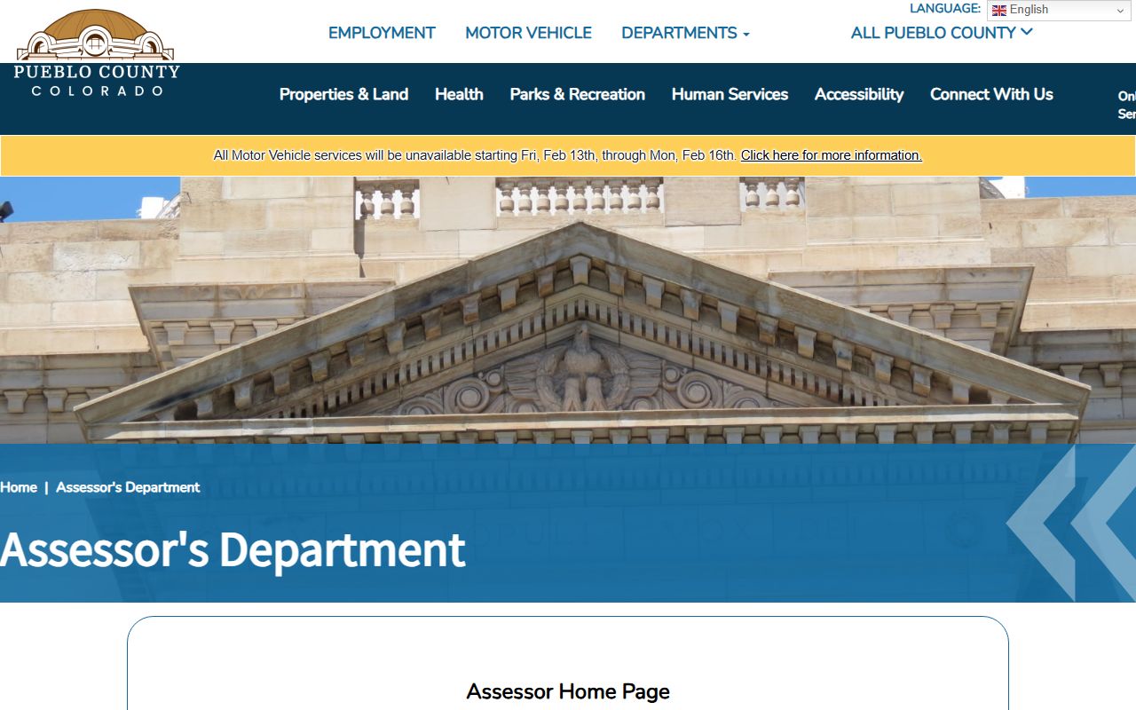 Pueblo County Assessor homepage showing property tax records search