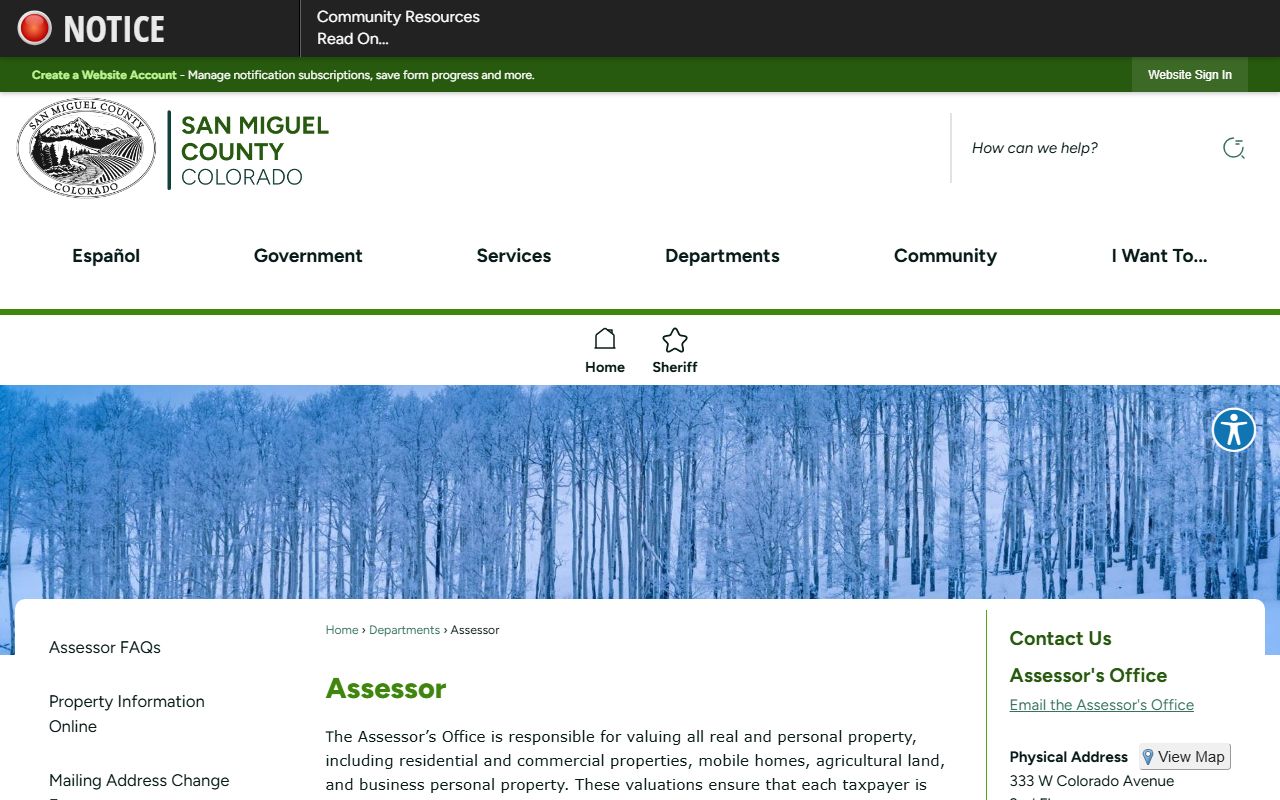 San Miguel County Assessor page showing property tax records information