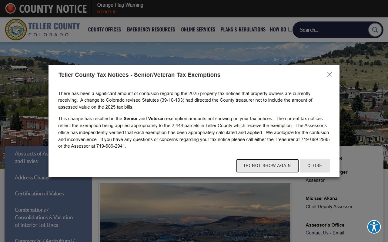Teller County Assessor page showing property tax records information