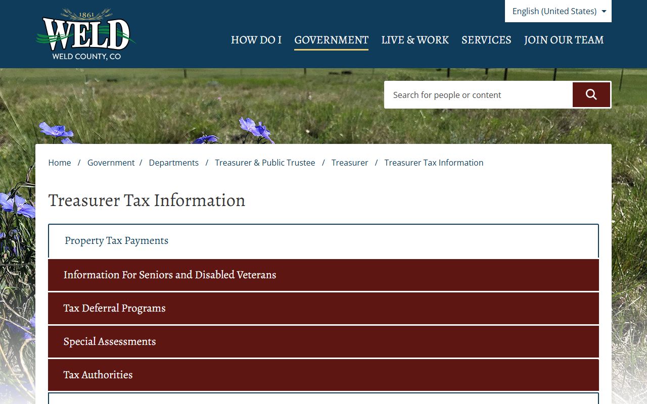Weld County tax information page showing property tax resources