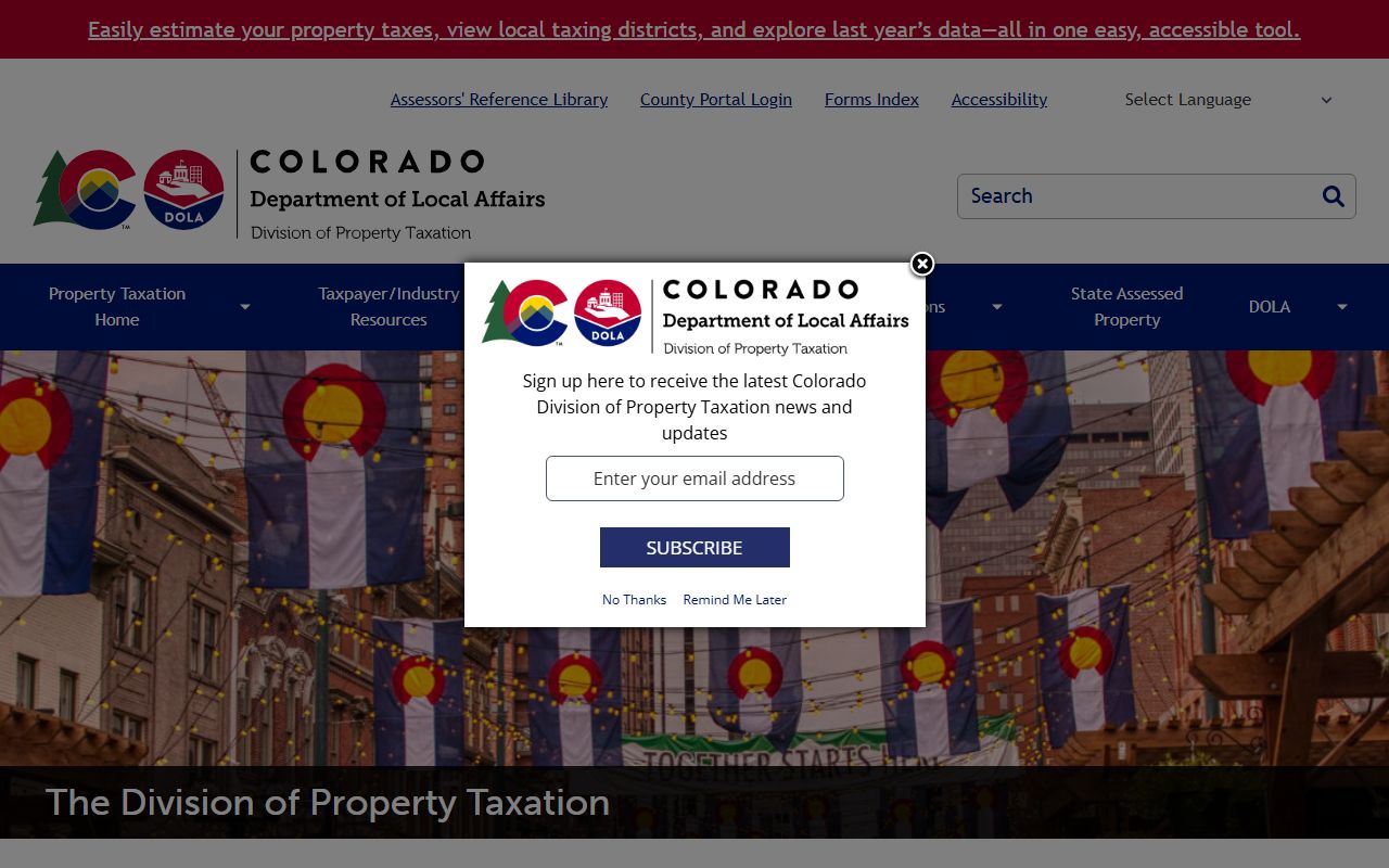 Colorado Division of Property Taxation homepage showing property tax resources